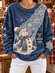 Women Casual Blue Denim Patchwork Cute Snowman Sweatshirt