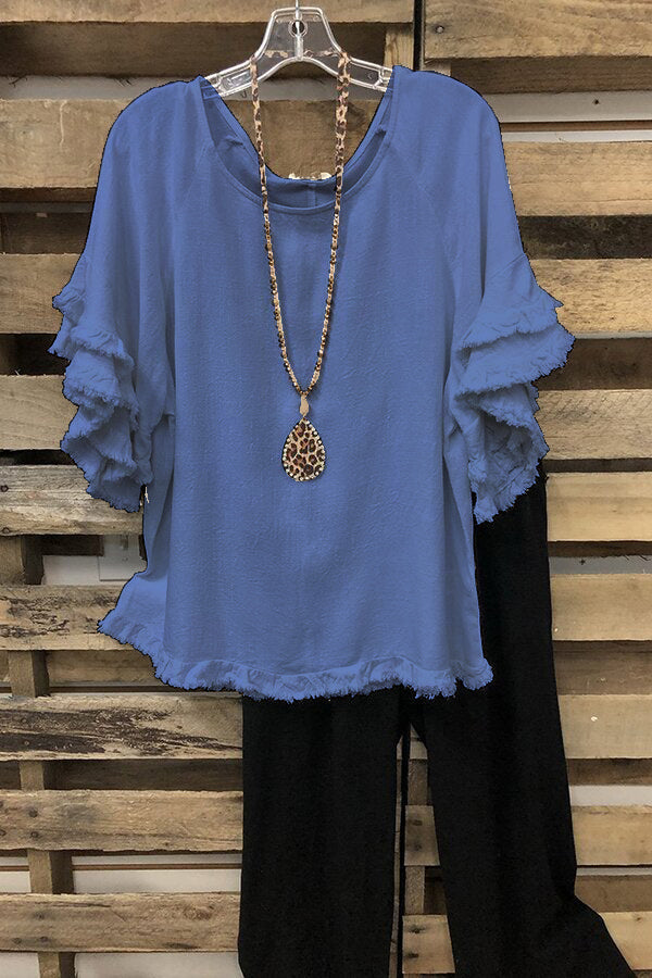 Black Short Sleeves Solid Ruffled Round Neck T-shirt