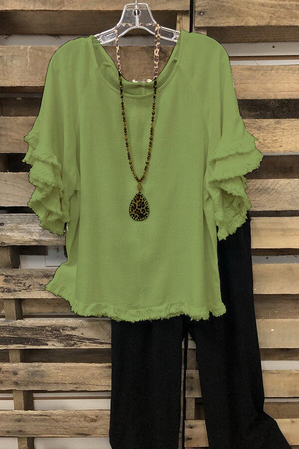 Black Short Sleeves Solid Ruffled Round Neck T-shirt