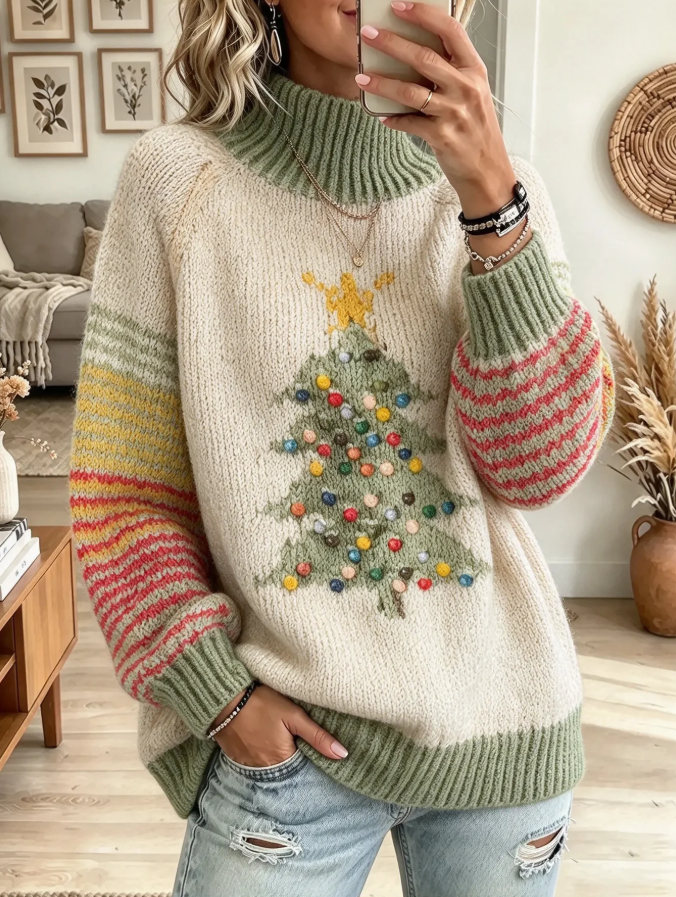 Women Christmas Tree Striped Knit Sweater