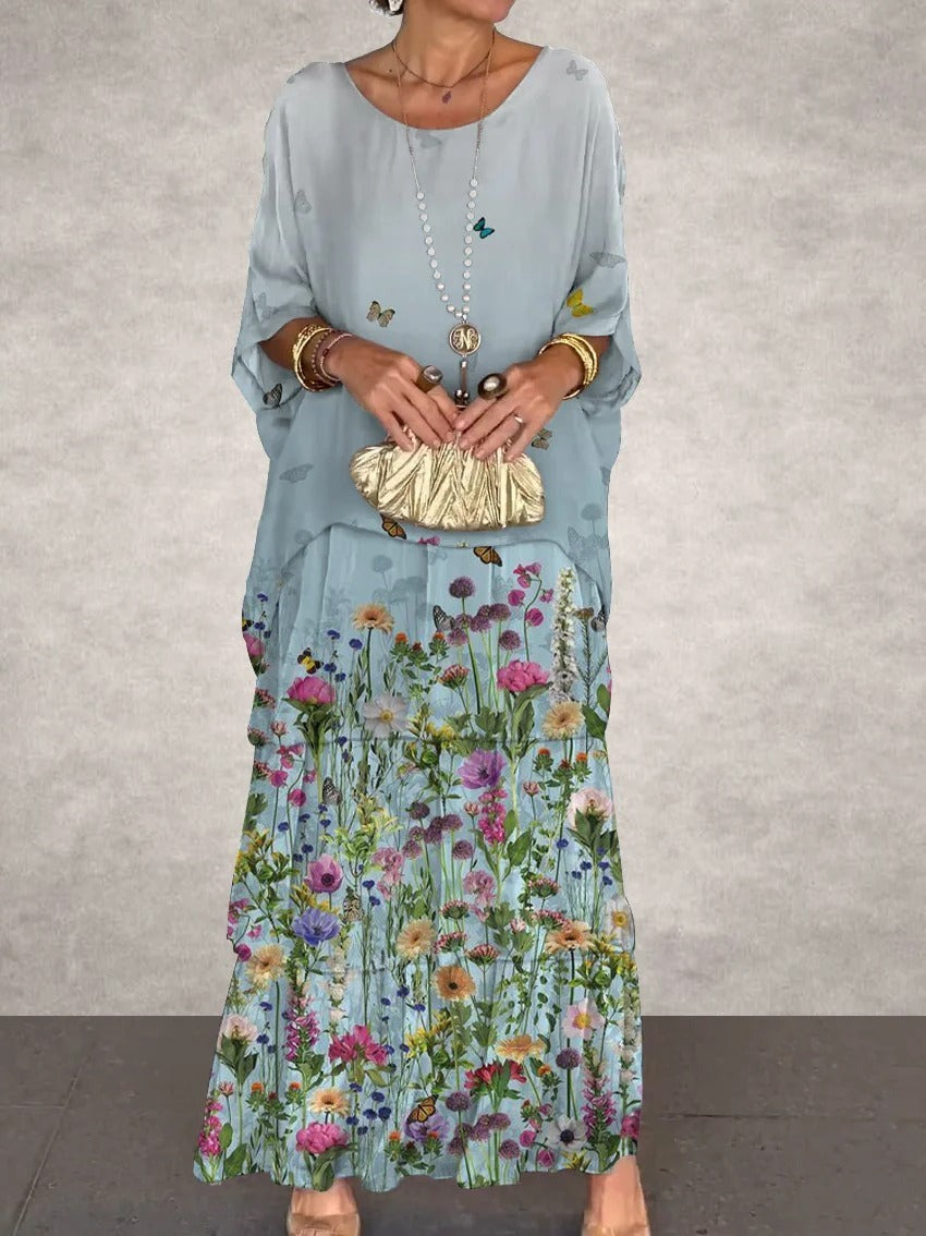 Elegant Floral Chiffon Cake Long Sleeve Maxi Dress