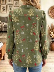 Women's Christmas Cardinal Tree Print Ruffle Shirt