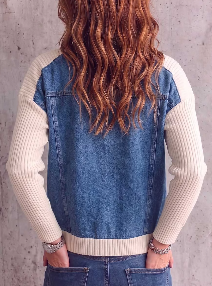 Women's Round Neck Long Sleeve Casual Loose Knitted Patchwork Denim Cardigan