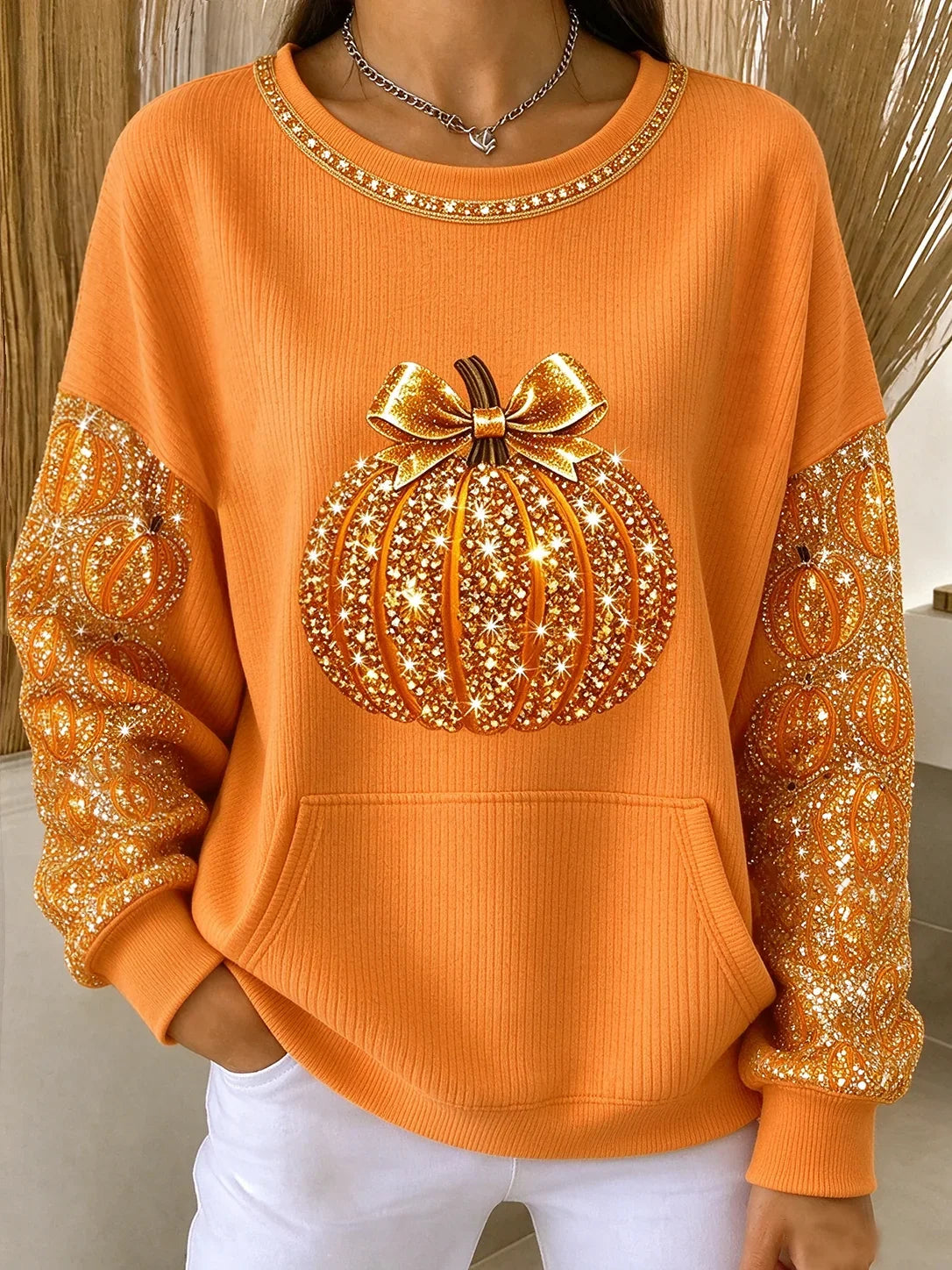 Casual Pumpkin Pattern Crew Neck Long Sleeve Sweatshirt