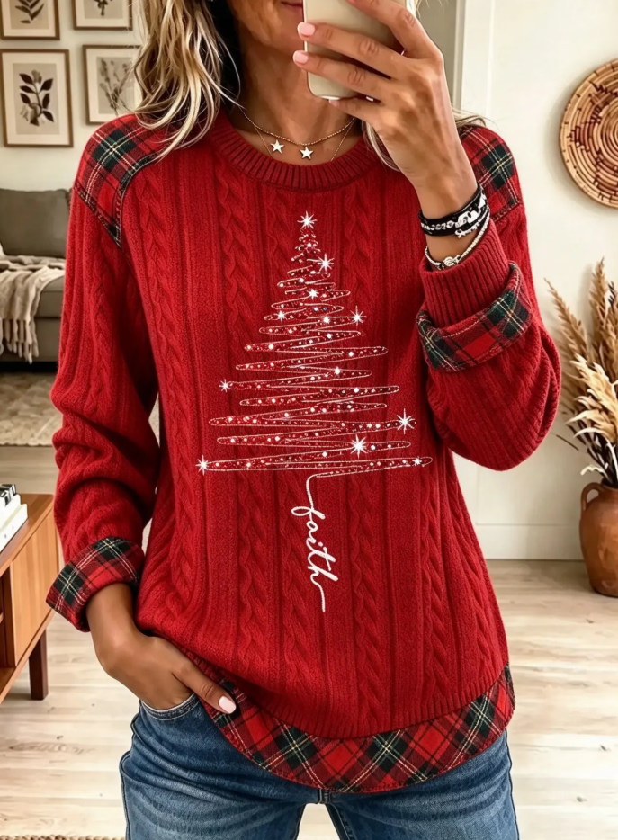 Women's Plaid Trim Cable Knit Festive Christmas Tree Sweater