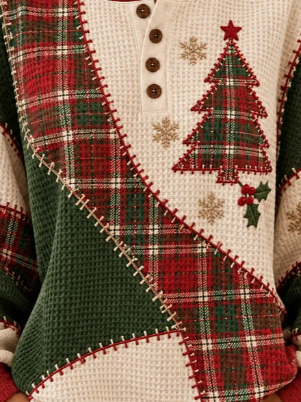 Christmas Tree Casual Geometric Henley Collar Sweatshirt