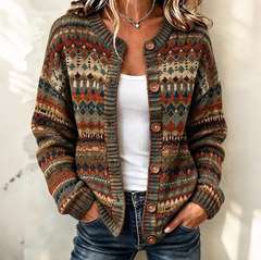 Women Bohemian Retro Gradient Art Print Knit Button Cardigan