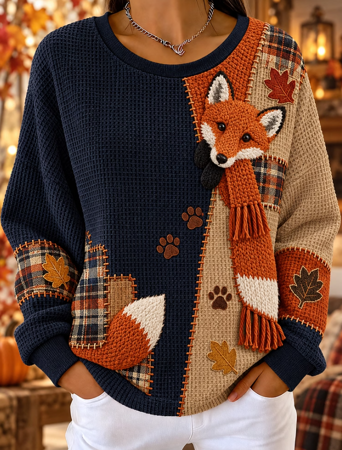Women Casual Autumn Fox Plaid Patchwork Print Waffle Knit Sweatshirt