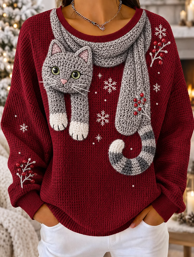 Women Winter Cat Snowflake Print Waffle Knit Sweatshirt