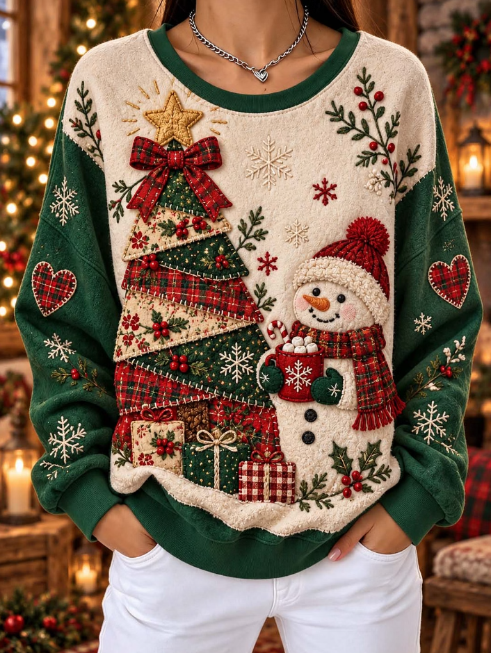 Festive Cozy Patchwork Christmas Tree  Snowman Sweatshirt