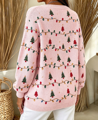 Women Cozy Christmas Tree Henley Collar Casual Sweater