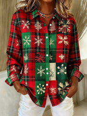 Women Retro Elegant Plaid Snowflake Long Sleeve Shirt