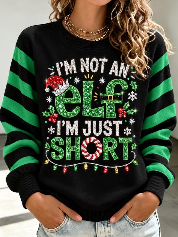 Women Striped Rhinestone Look Print Casual Sweatshirt