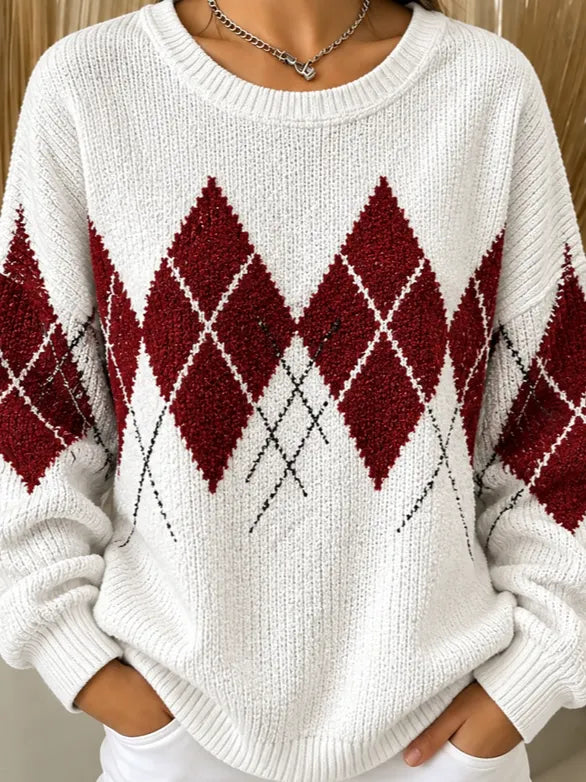 Women Classic Geometric Crew Neck Casual Spring Fall Long Sleeve Sweatshirt