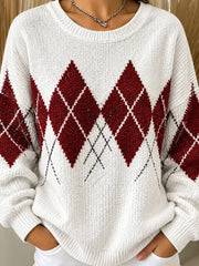 Women Classic Geometric Crew Neck Casual Spring Fall Long Sleeve Sweatshirt