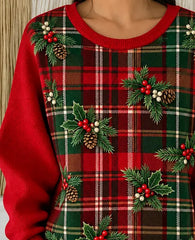 Women Festive Plaid Three Dimensional Crew Neck Spring Fall Long Sleeve Sweatshirt