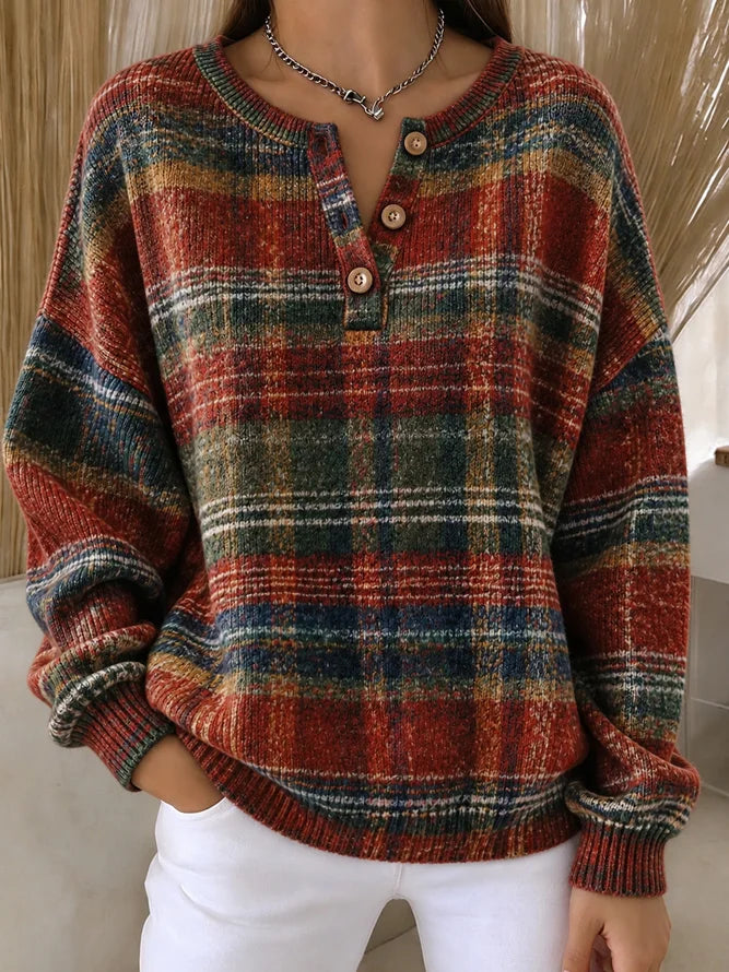 Casual Rustic Striped Henley Collar Long Sleeve Sweatshirt