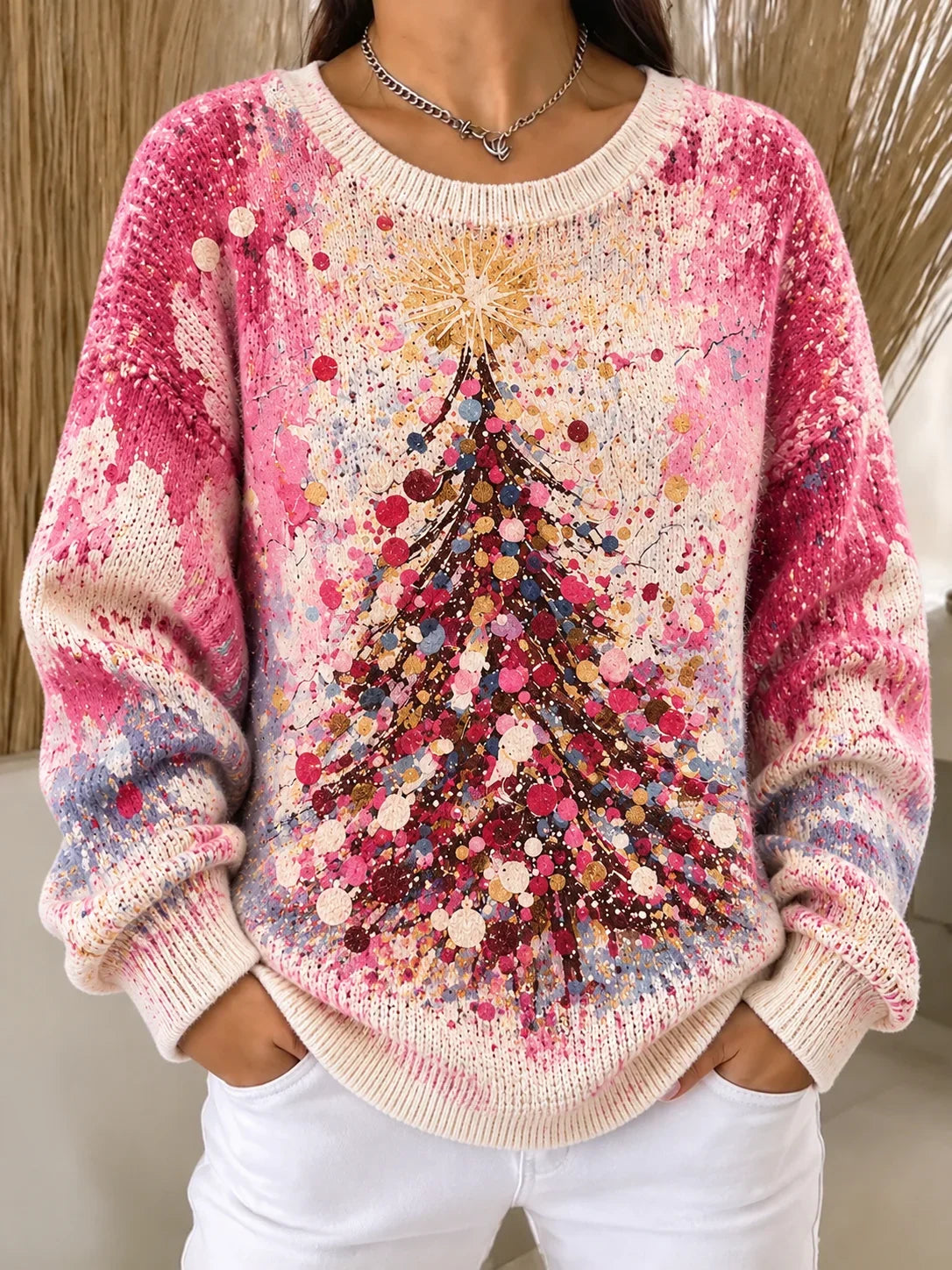 Women Christmas Tree Colorful Long Sleeve Comfy Casual Sweater