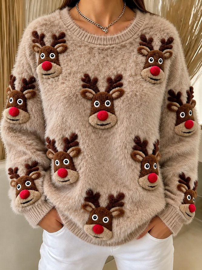 Casual Christmas Cute Fuzzy Crew Neck Long Sleeve Sweatshirt