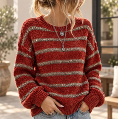 Women Vintage Geometric Stripe Art Jacquard Crew Neck Sweater