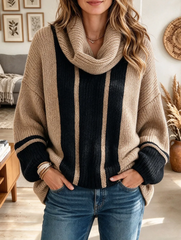 Women Color Block Striped Cowl Neck Knit Sweater