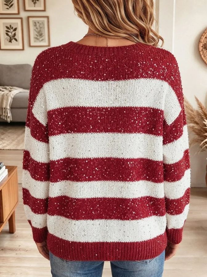 Women Striped Sequin Casual Knit Sweater