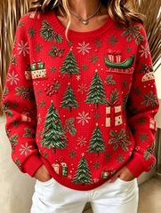 Women Christmas Print Cozy Waffle Sweatshirt