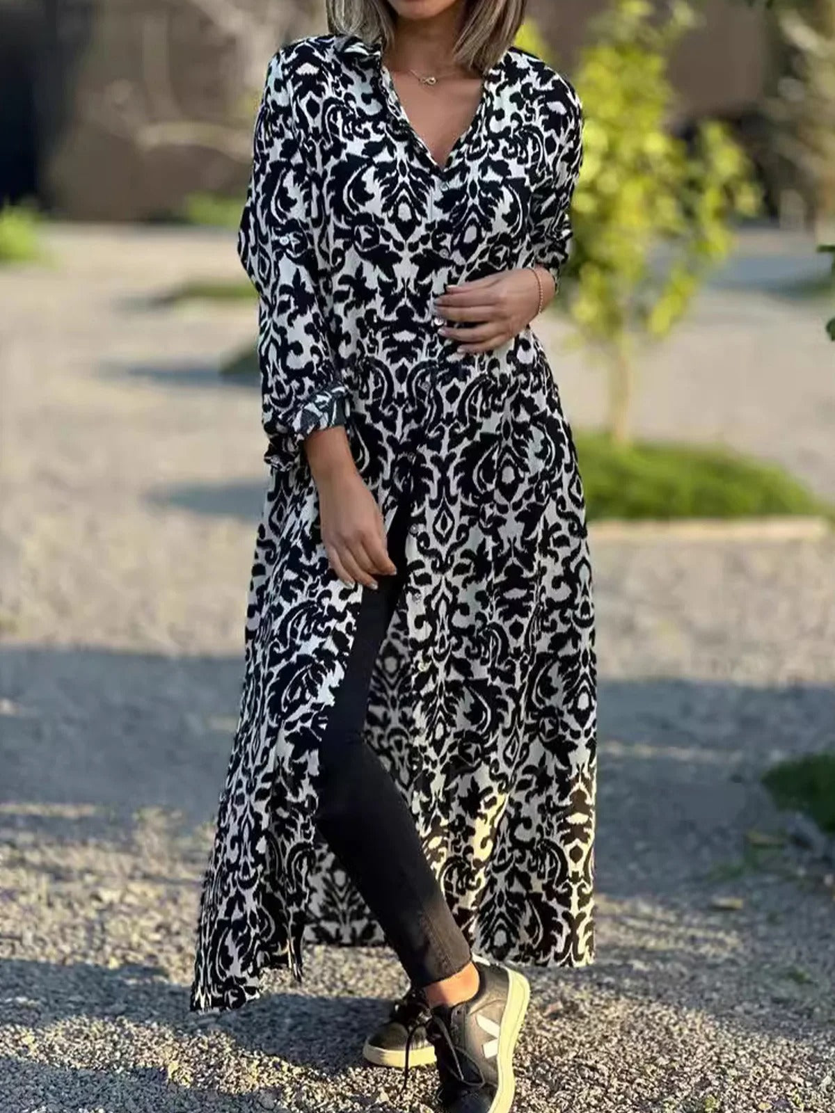 Ethnic Shirt Collar 3/4 Sleeves Comfy Maxi Dress