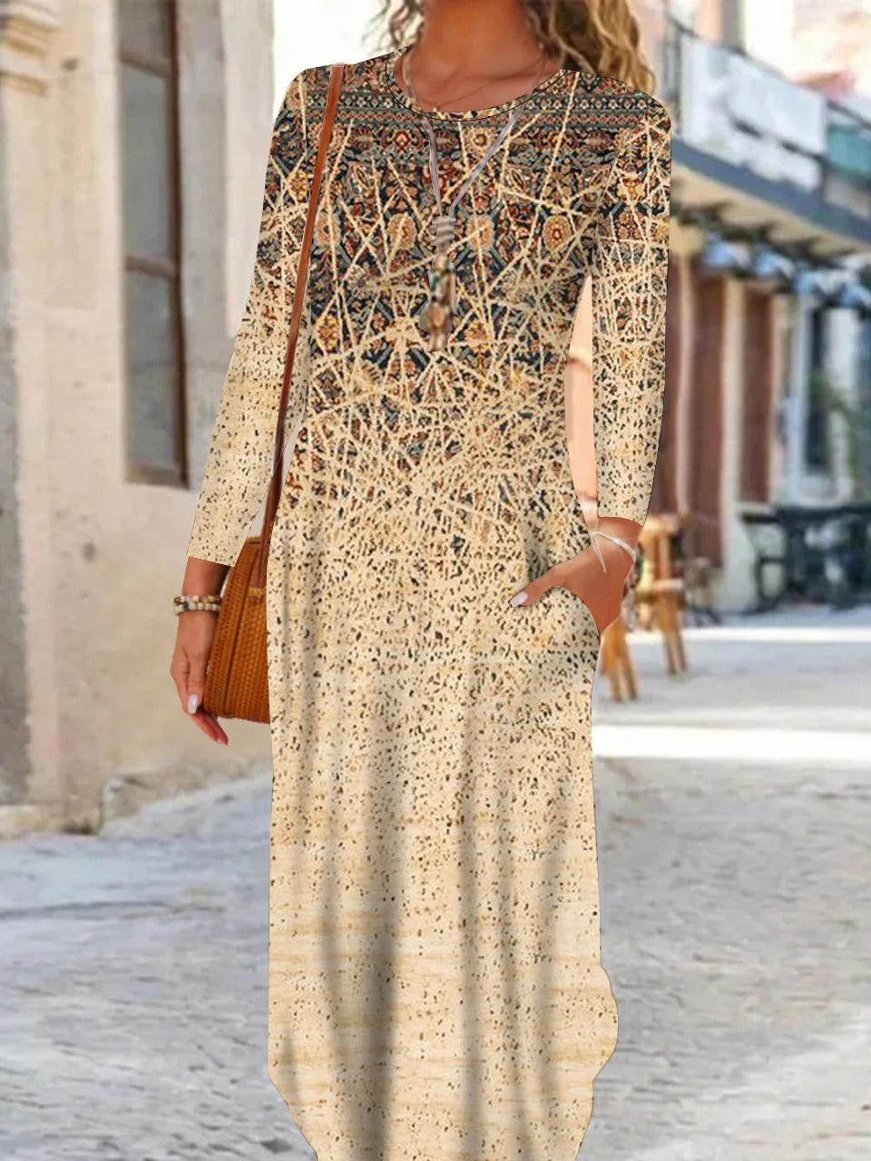 Ethnic Crew Neck Long Sleeve H-line Micro-elasticity Loose Daily Maxi Dress