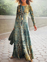 Vintage Abstract Print Crew Neck Long Sleeve Lightweight Micro-elasticity Loose Maxi Dress