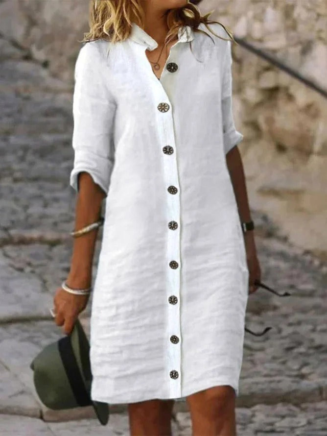 Cotton and Linen Plain Casual Dress