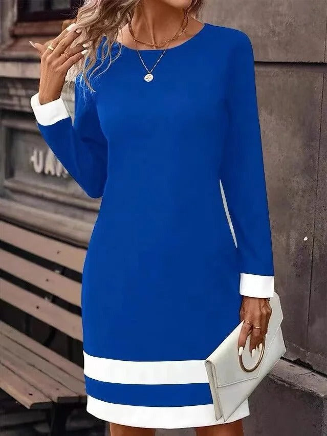 Long Sleeve Spring Fall Contrast Stitching Knitted Crew Neck Midi H-Line T-Shirt Dress