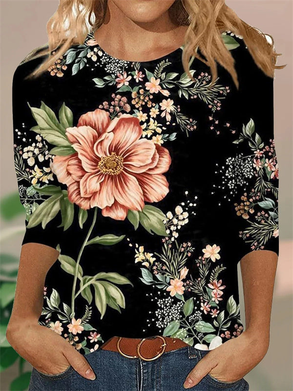 Ethnic Print Crew Neck 3/4 Sleeves Casual T-shirt