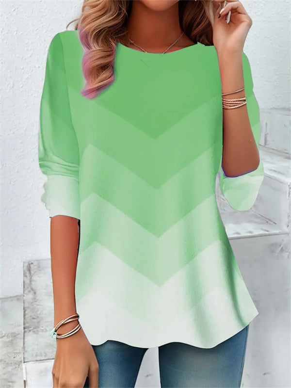 Color Block Printing Jersey Crew Neck Long Sleeve Tee Casual Top