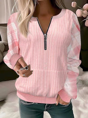 Loose Plaid Crew Neck Zipper Micro-elasticity Casual Sweatshirt