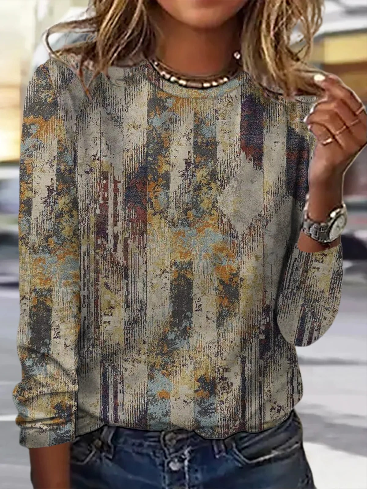 Retro Abstract Colorful Print Crew Neck Casual Long Sleeve Blouse