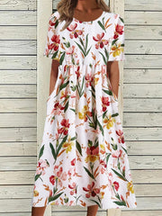 Women's Floral Crew Neck Short Sleeve Comfy Casual Midi Dress