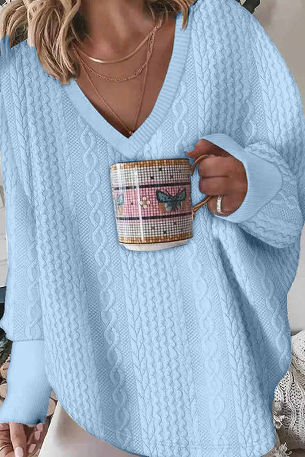 Fashion Casual V Neck Solid Color Jacquard Sweatshirt