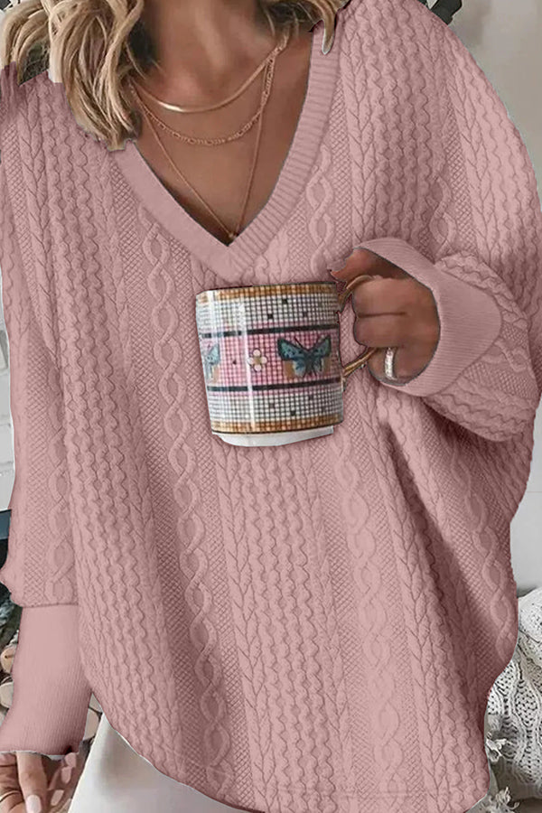 Fashion Casual V Neck Solid Color Jacquard Sweatshirt