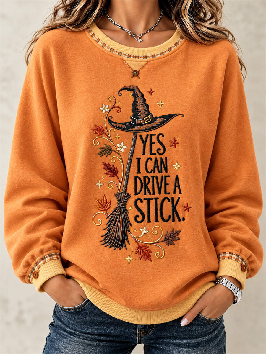 Women's Halloween Orange Witch Hat Broom Letter Print Round Neck Long Sleeve Sweatshirt
