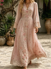 Women's Light Pink Floral Lace Print V Neck Long Sleeve Maxi Dress