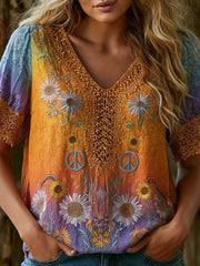 Women's Multi Gradient Daisy Peace Sign Crochet V Neck Short Sleeve Blouse
