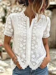 Women's White Floral Embroidered Lace Trim Stand Collar Short Sleeve Blouse