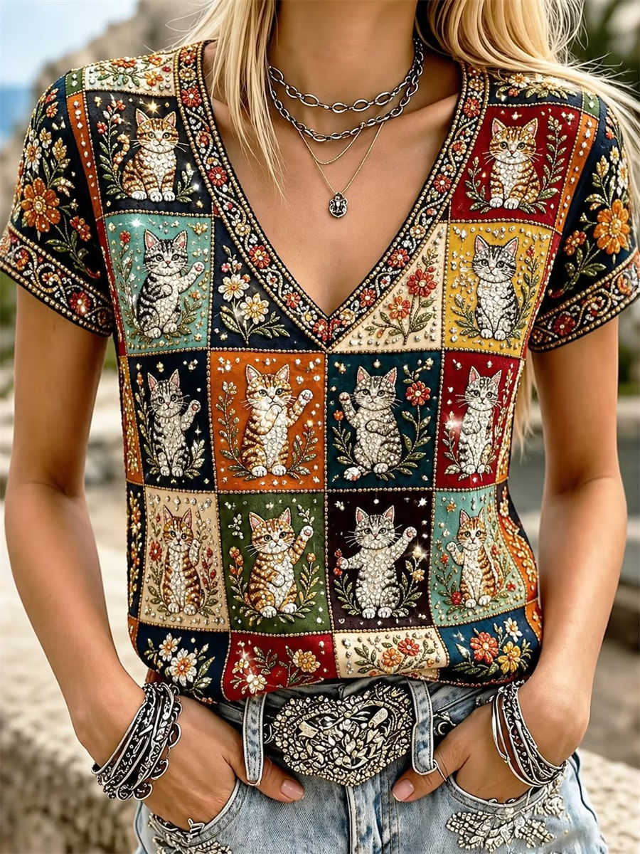 Women's Multi Patchwork Grid Cat Floral Rhinestone V Neck Short Sleeve Tee
