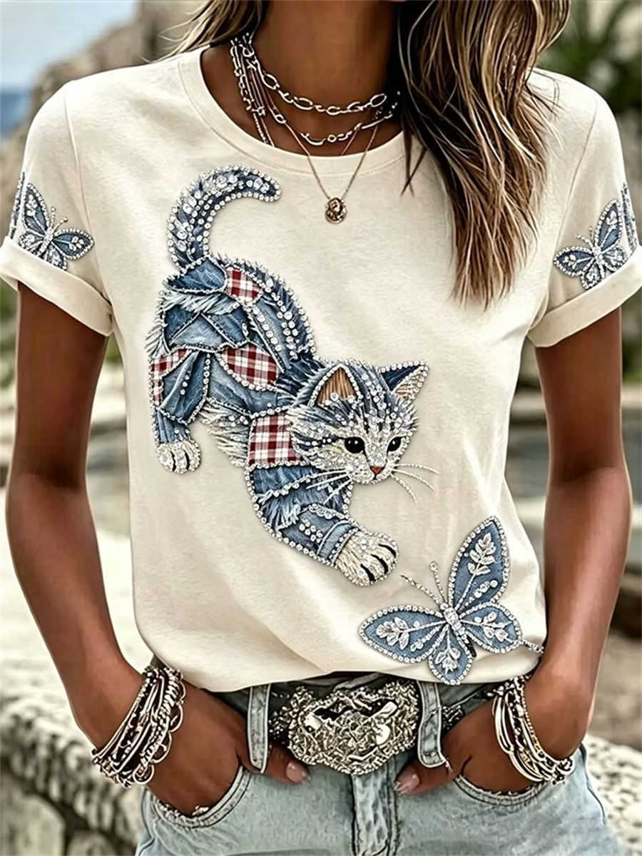 Women's Beige Cat Butterfly Rhinestone Embroidered Round Neck Short Sleeve Tee
