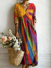 Rainbow Patchwork Stripe Print V Neck 3/4 Sleeve Linen Maxi Dress