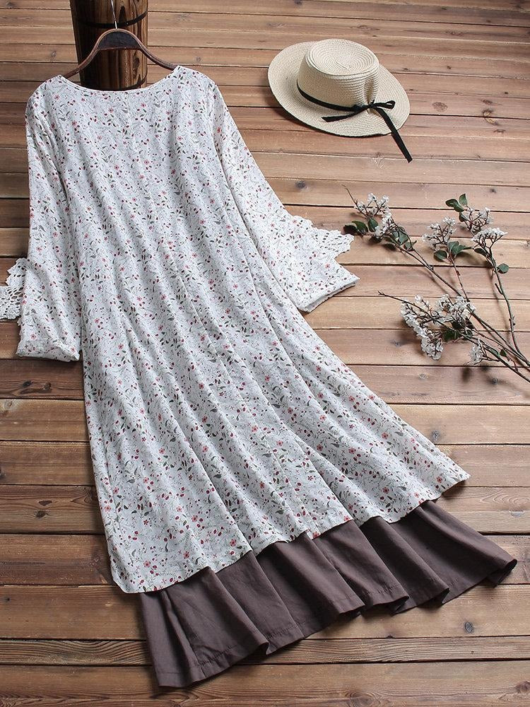 Floral Print V-neck Long Sleeves Midi Dress