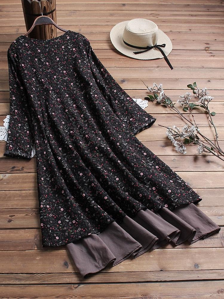 Floral Print V-neck Long Sleeves Midi Dress