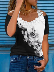 Floral Print Off-Shoulder Lace Short Sleeves T-shirt