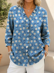 Women's Cute Little Flower Print Casual Ruffled Denim Shirt